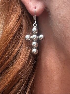Vintage Taxco Mexico Sterling Silver 925 Beaded Cross Dangle Earrings TH-212
